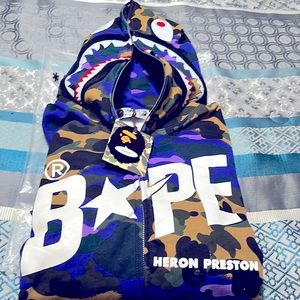 Bape X Heron Preston Mix 1st Camo Shark Relaxed Fit Full Hoodie Purple